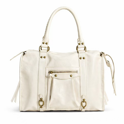 Grand sac de cours étudiant Élégance Cuir, en cuir blanc cassé, avec poignées et compartiments spacieux pour étudiants.
