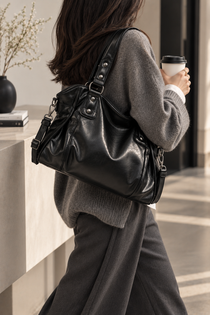 Grand sac à main de cours rétro et souple Élégance Cuir, en cuir, avec poignées et design vintage visible sur l'image.