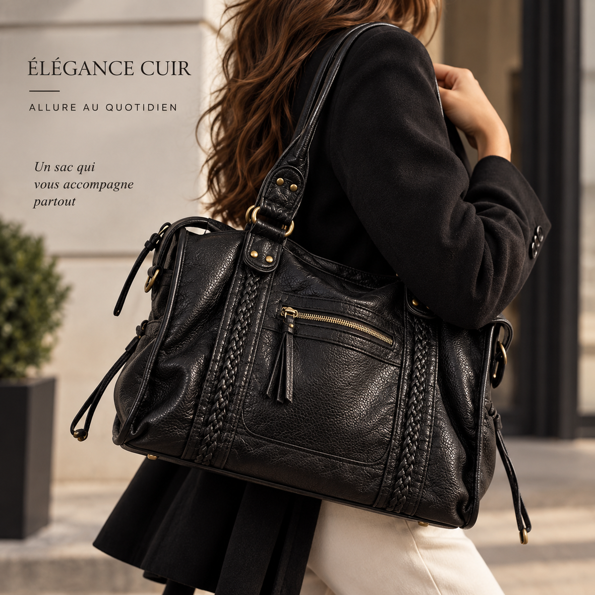 Grand grand sac à main vintage à bandoulière pour cours, en cuir, par Élégance Cuir, avec détails élégants.