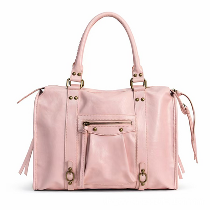 Grand sac de cours pour étudiant Élégance Cuir, sac à main rose avec plusieurs compartiments et poignées confortables.