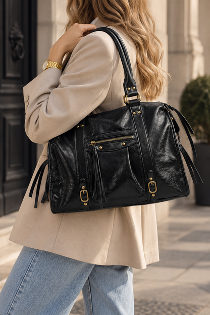 Grand sac de cours étudiant Élégance Cuir, en cuir noir avec poignées robustes et compartiments spacieux pour étudiants.