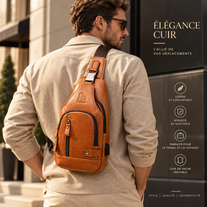 Sacoche homme en cuir Élégance Cuir, bandoulière poitrine, vue de face avec fermeture et détails en cuir élégant.