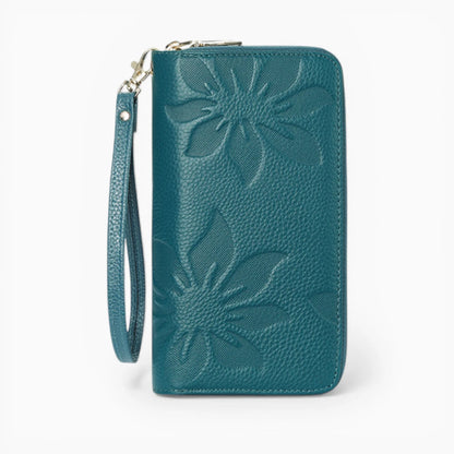 Portefeuille femme en cuir embossé modèle Fleur Élégante de la marque Élégance Cuir, avec détails floral