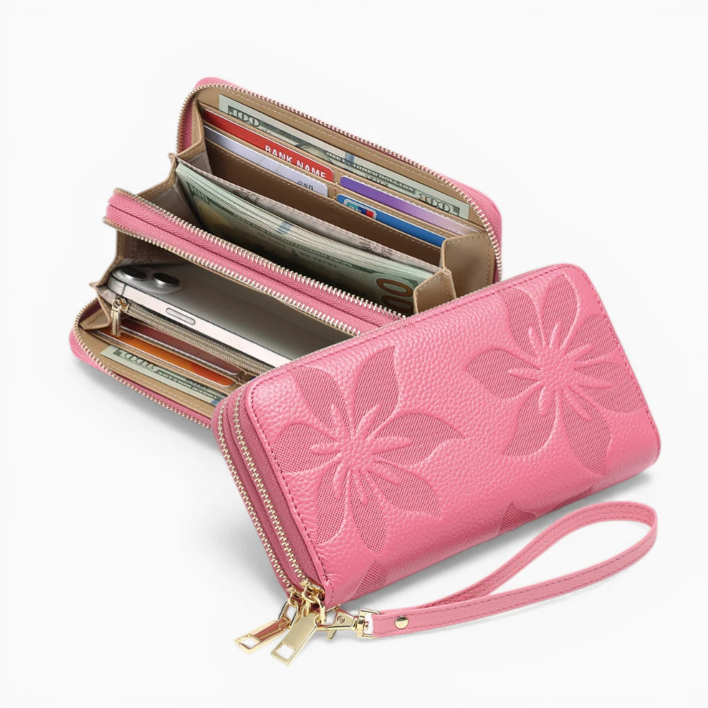 Portefeuille femme en cuir modèle Fleur Élégante de la marque Élégance Cuir, couleur rose