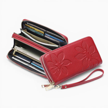 Portefeuille femme en cuir floral embossé Élégance Cuir, modèle Fleur Élégante, couleur rouge.