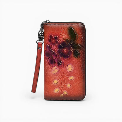 Portefeuille femme en cuir floral illustré Nuit Florale de la marque Élégance Cuir, avec motifs colorés.