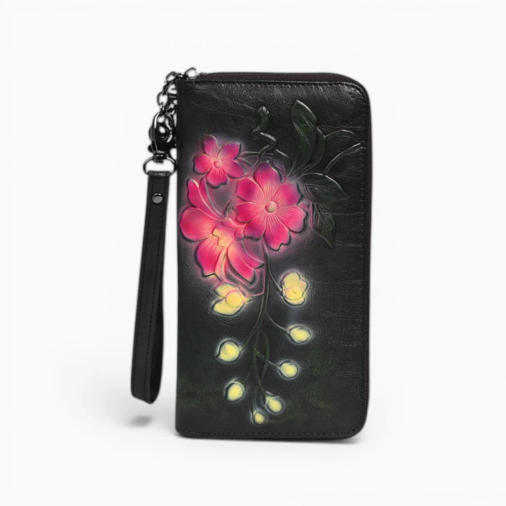 Portefeuille femme en cuir illustré Nuit Florale, présentant un design élégant et coloré de fleurs.