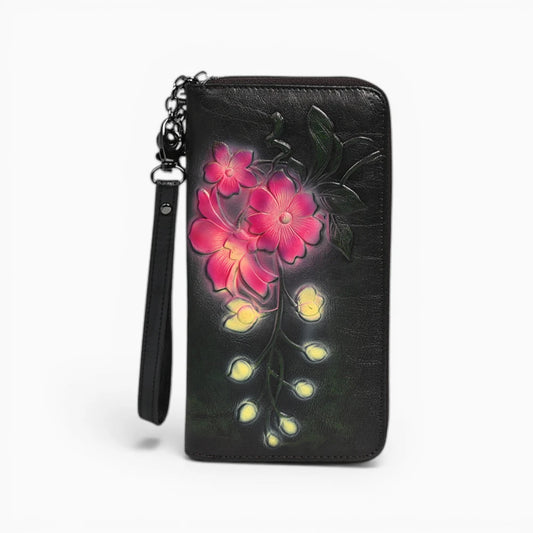 Portefeuille femme en cuir illustré Nuit Florale, présentant un design élégant et coloré de fleurs.