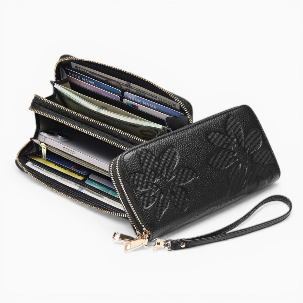 Portefeuille femme en cuir modèle Fleur Élégante d'Élégance Cuir, affichant un design élégant noir.