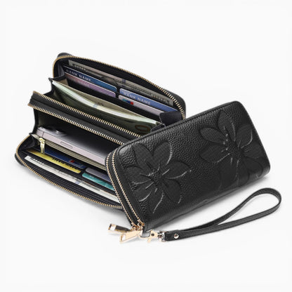 Portefeuille femme en cuir modèle Fleur Élégante d'Élégance Cuir, affichant un design élégant noir.
