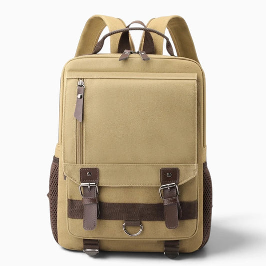 Sac à dos en toile vintage pour homme et femme, de marque Élégance Cuir, avec compartiments et design classique.