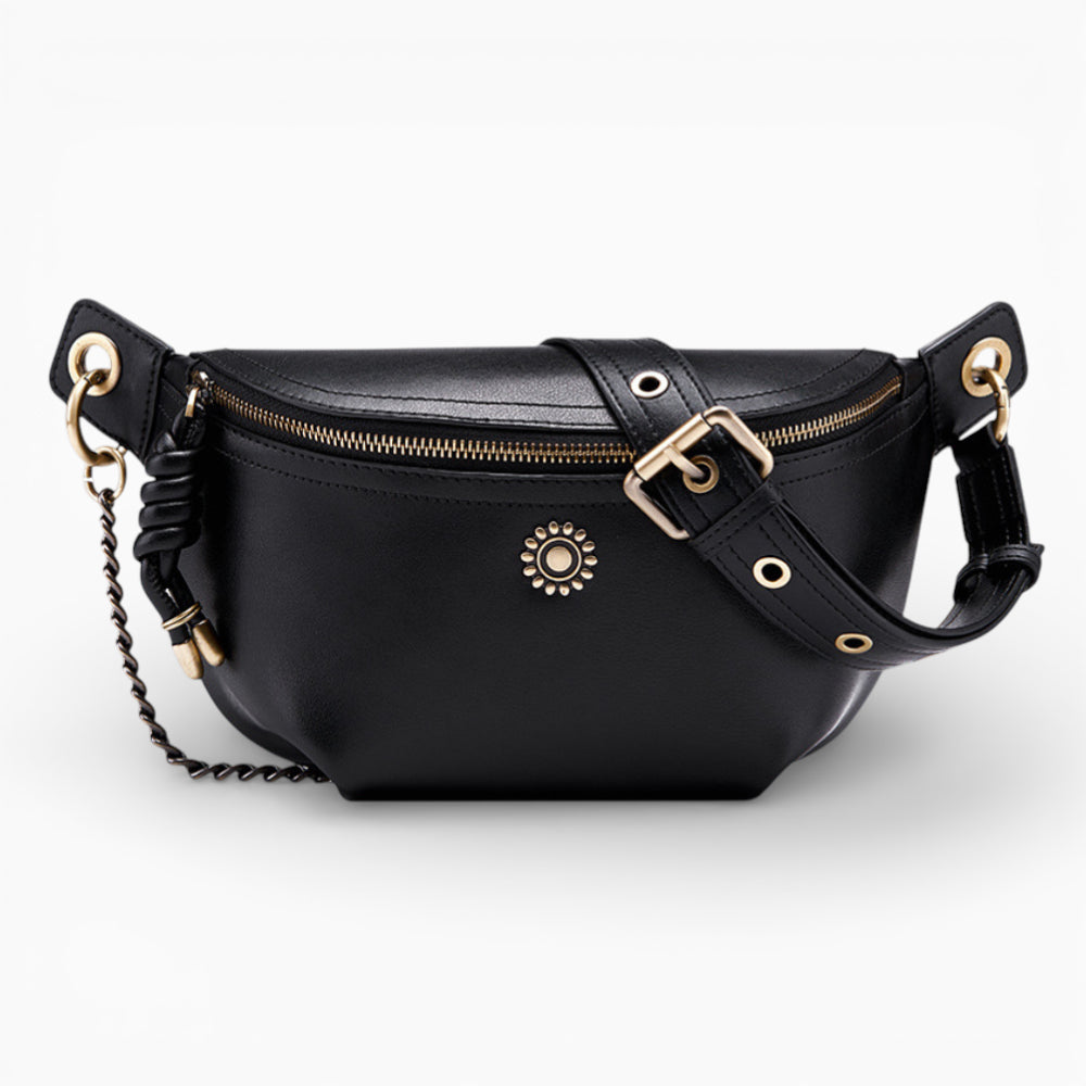 Sac banane chic en cuir Émeraude pour femme, signé Élégance Cuir, noir vue de face
