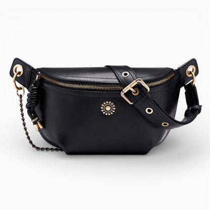 Sac banane chic en cuir Émeraude pour femme, signé Élégance Cuir, noir vue de face