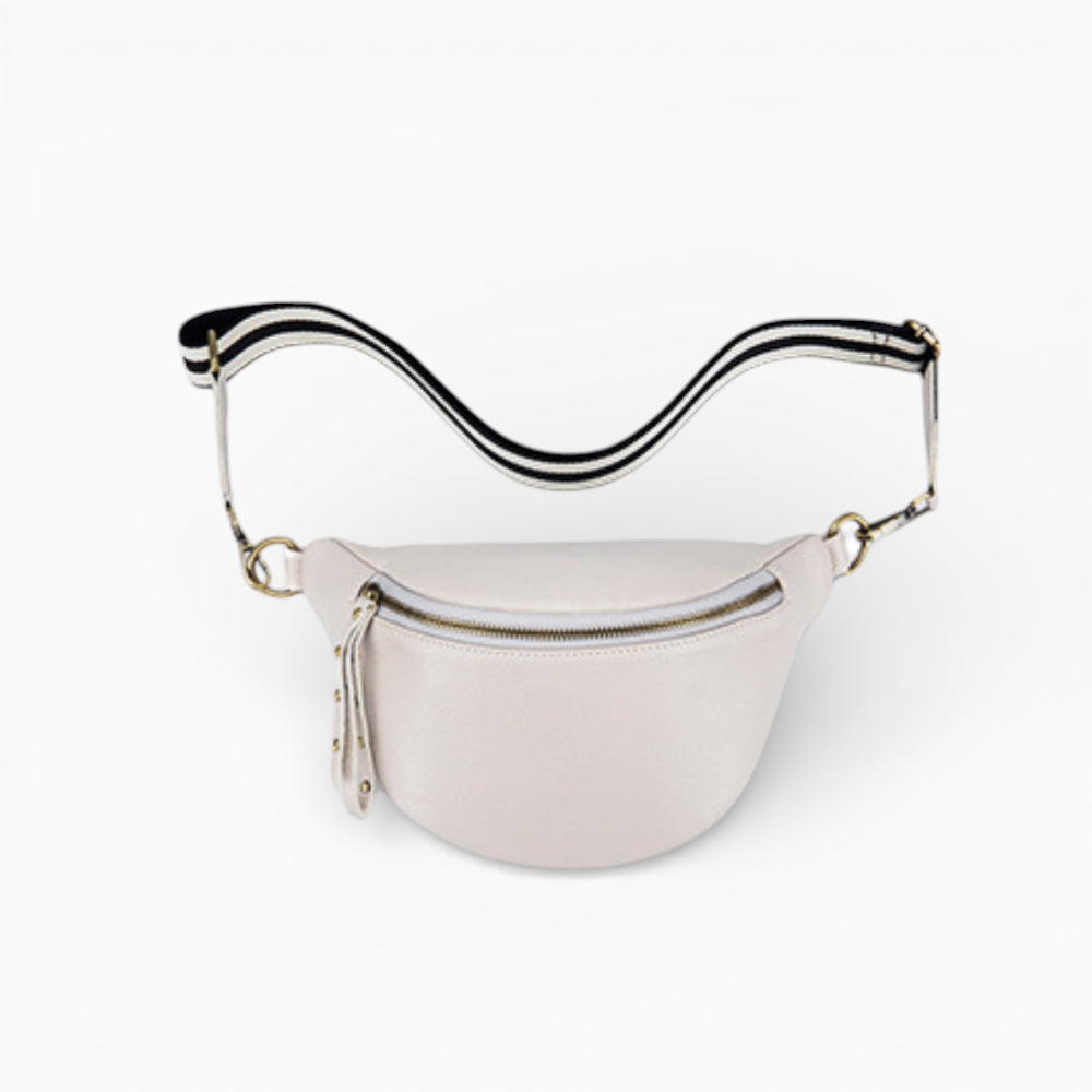 Sac banane en cuir moderne pour femme, modèle Perle de la marque Élégance Cuir, blanc cassé vue de face