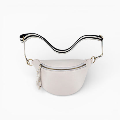 Sac banane en cuir moderne pour femme, modèle Perle de la marque Élégance Cuir, blanc cassé vue de face
