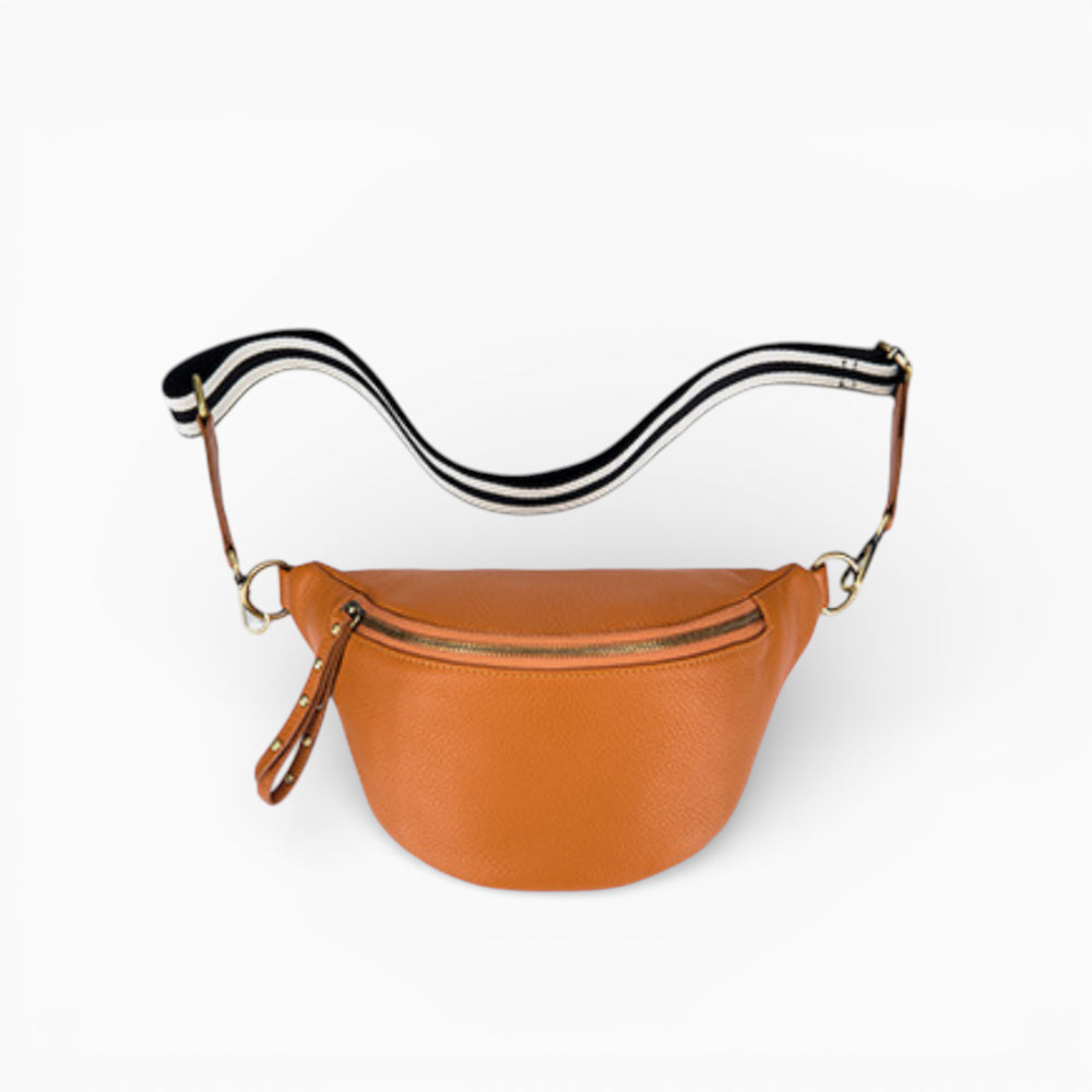 Sac banane en cuir pour femme modèle Perle de la marque Élégance Cuir, caramel vue de face