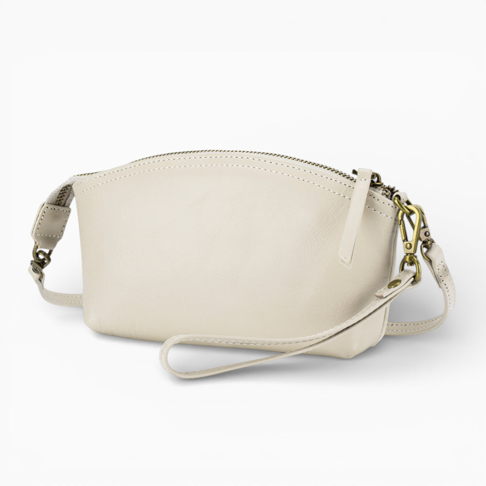 Sac banane en cuir pour femme, modèle compact Bijou de la marque Élégance Cuir, blanc cassé vue de coté