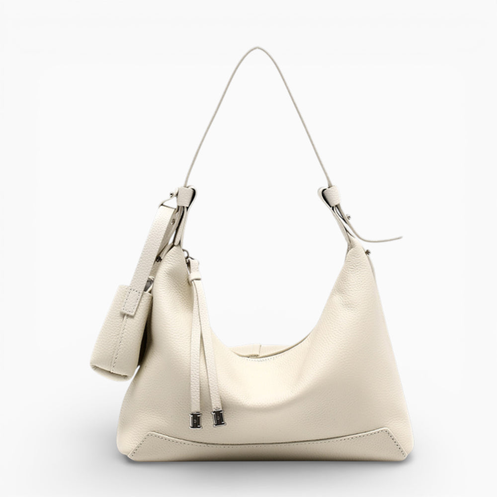 Sac bandoulière blanc cassé en cuir hobo pour femme modèle Sophie d'Élégance Cuir, affichant une texture douce et des finitions soignées.