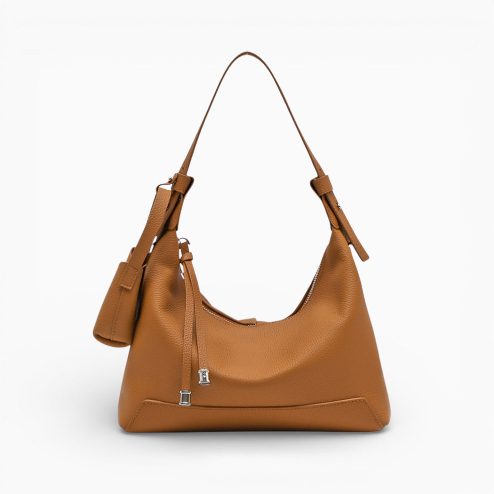 Sac bandoulière hobo en cuir caramel pour femme, modèle Sophie de la marque Élégance Cuir, avec une finition élégante.