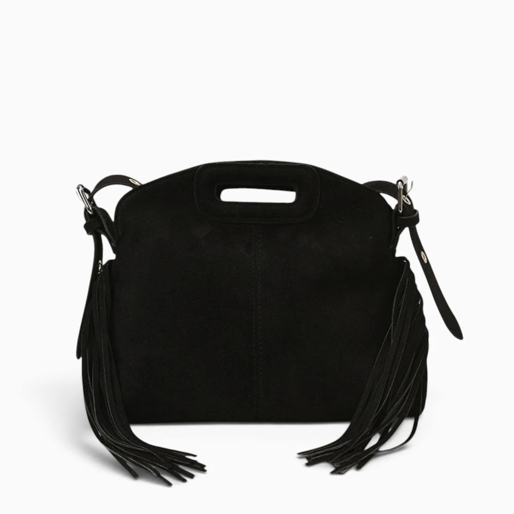Sac à main à franges en daim végan Solène de la marque Élégance Cuir, sac bandoulière noir avec détails frangés.