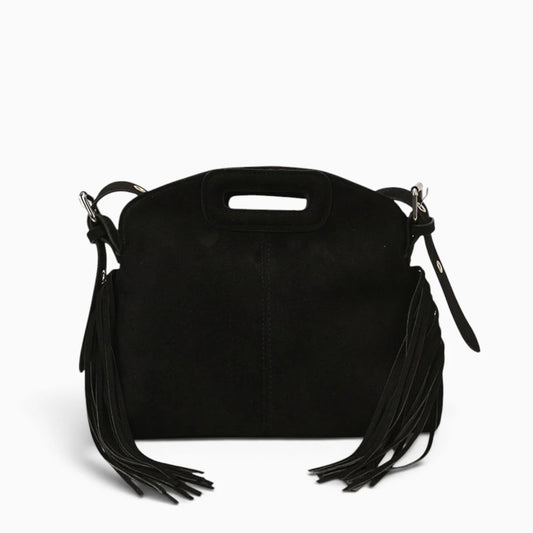 Sac à main à franges en daim végan Solène de la marque Élégance Cuir, sac bandoulière noir avec détails frangés.