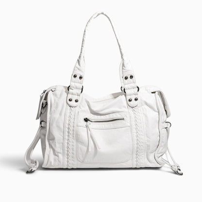 Grand sac à main de cours blanc en cuir vintage avec bandoulière, fabriqué par Élégance Cuir.