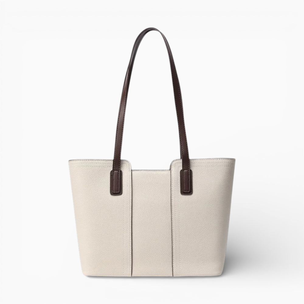 Sac cabas en cuir blanc cassé pour femme, modèle horizontal Monaco de la marque Élégance Cuir, vue de face.