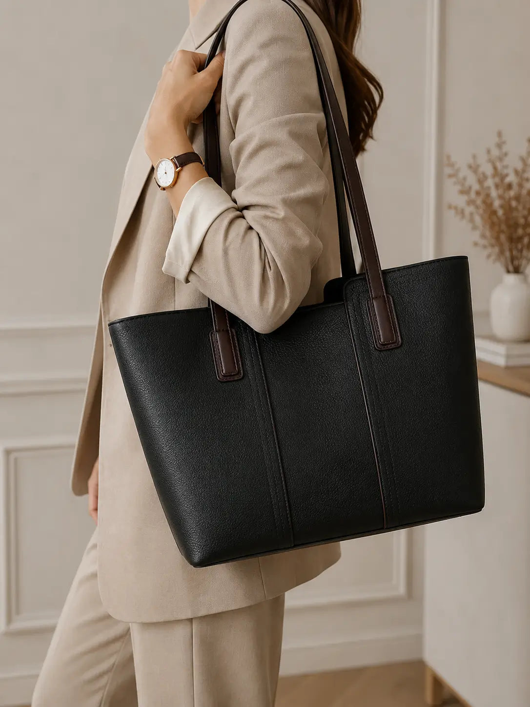 Sac cabas cuir noir horizontal 