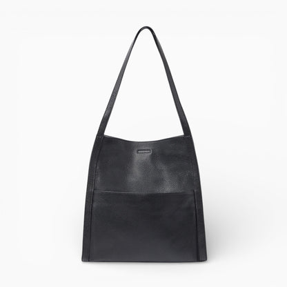 Sac cabas en cuir noir pour femme, modèle Lyon, avec une structure souple, vue de face.