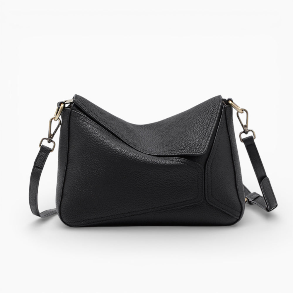 Sac bandoulière en cuir noir pour femme modèle Juliette d'Élégance Cuir, vu de face avec détails raffinés.