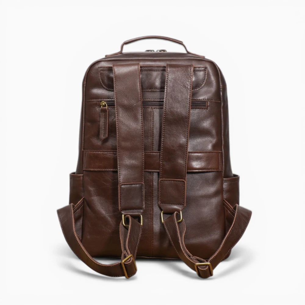 Sac à dos classique professionnel en cuir pour homme de la marque Élégance Cuir, marron foncé vue de dos