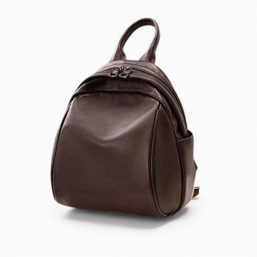 Sac à dos compact en cuir pour femme avec double fermeture éclair, modèle Douceur de Élégance Cuir, marron foncé vue de coté