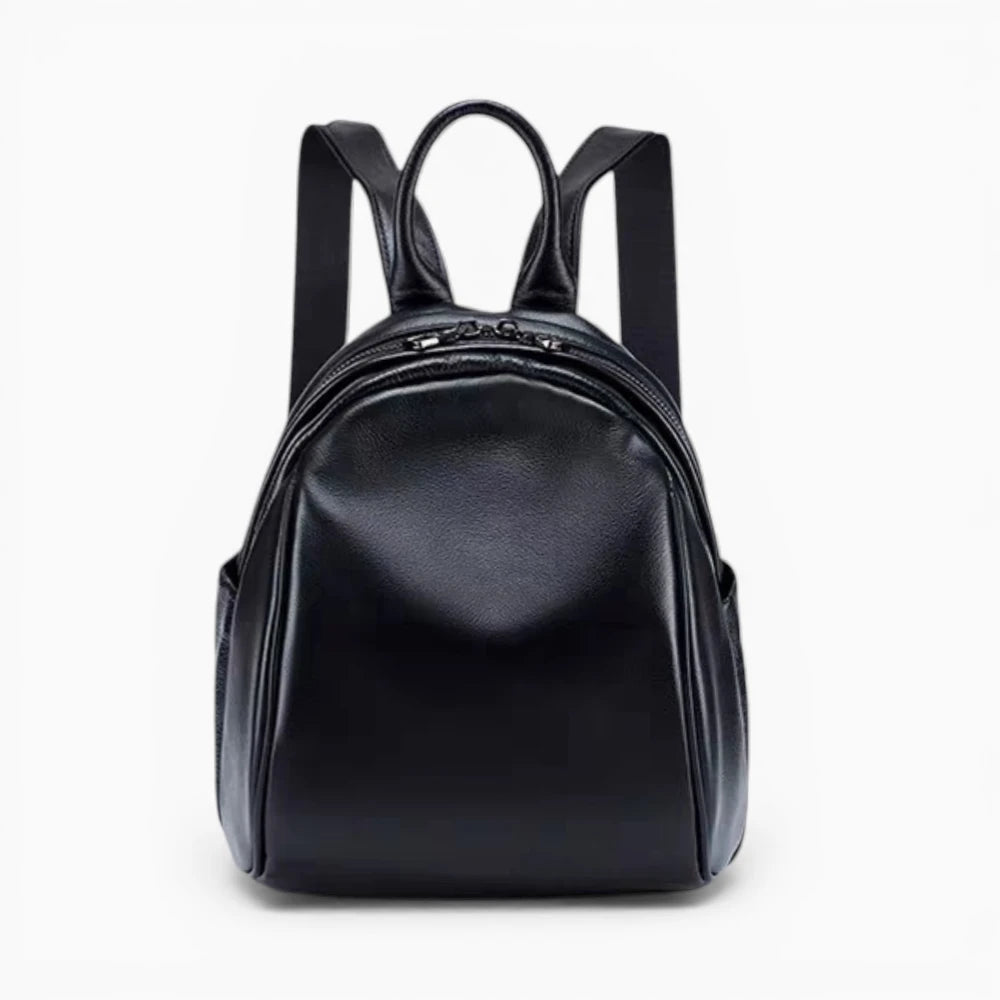 Sac à dos compact en cuir pour femme avec double fermeture éclair, modèle Douceur par Élégance Cuir, noir vue de face