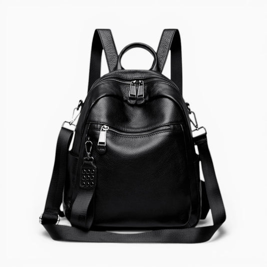 Sac à dos compact en cuir pour femme avec double fermeture éclair, modèle Nora de Élégance Cuir, présentant un design élégant et une taille pratique.