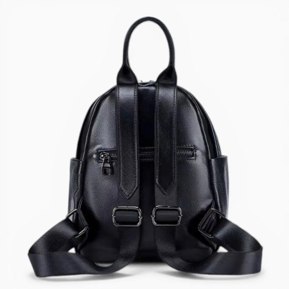 Sac à dos compact en cuir pour femme avec double fermeture éclair, signé Élégance Cuir, noir vue arrière