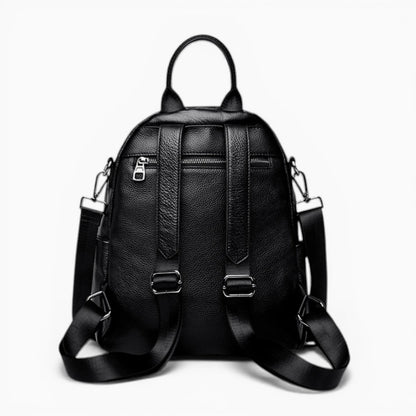 Sac à dos compact en cuir pour femme, modèle Nora de la marque Élégance Cuir, présenté dans un écrin élégant et doté d'une double fermeture éclair.