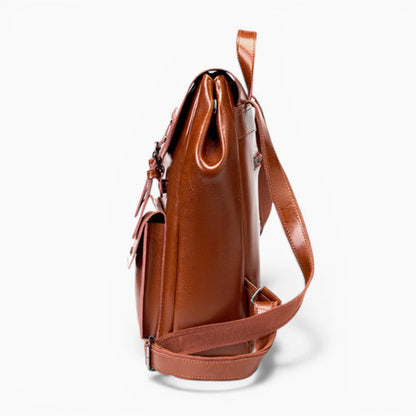 Sac à dos en cuir pour femme de la marque Élégance Cuir, modèle La Conférence, vue de profil marron