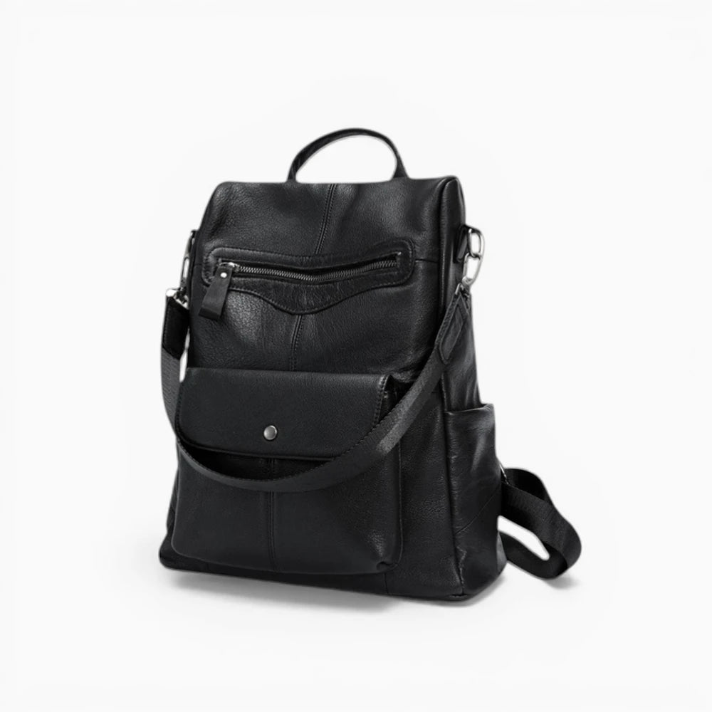 Sac à dos en cuir pour femme Élégance Cuir modèle Aurore, avec plusieurs poches, noir vue de coté