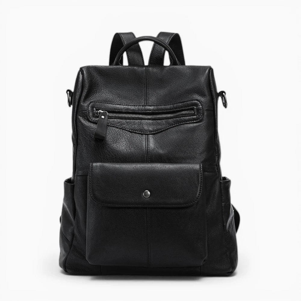 Sac à dos en cuir pour femme Élégance Cuir modèle Aurore, avec plusieurs poches, noir vue de face