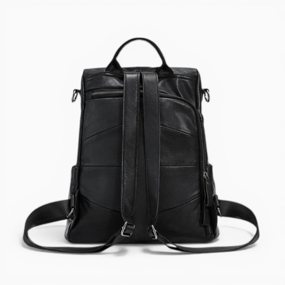 Sac à dos en cuir pour femme Élégance Cuir modèle Aurore, avec poches multiples et finition élégante, noir vue de dos