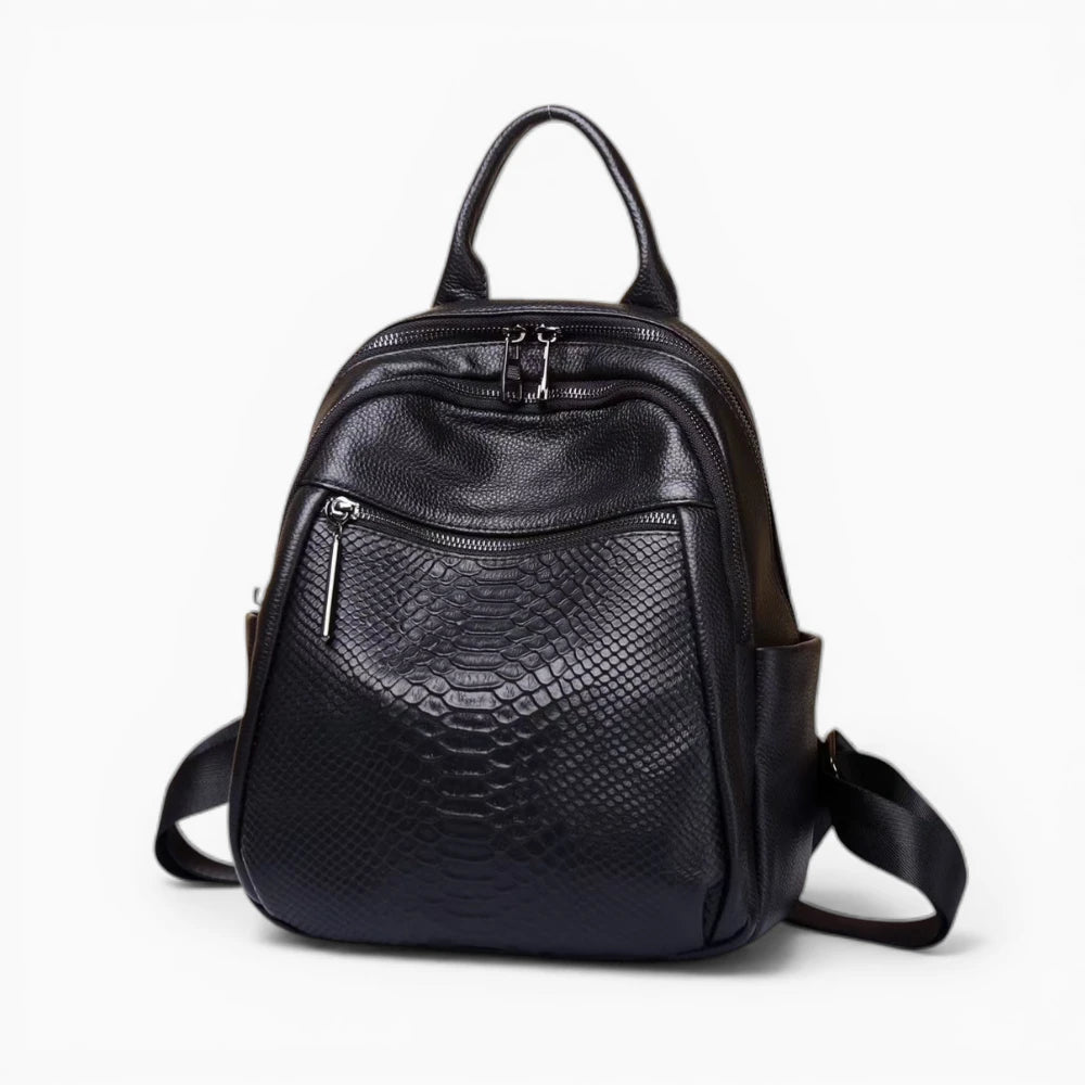 Sac à dos en cuir pour femme Élégance Cuir, modèle Chantilly, avec poche zippée avant, noir vue de face 1