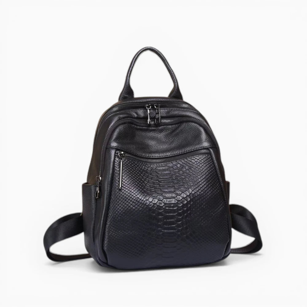Sac à dos en cuir pour femme Élégance Cuir, modèle Chantilly avec poche zippée avant, noir vue de face 2