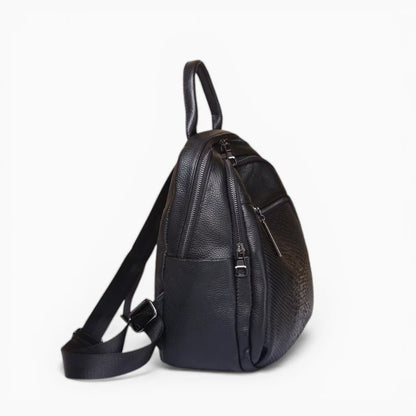 Sac à dos en cuir pour femme Élégance Cuir, modèle Chantilly, avec poche zippée avant, noir vue de profil