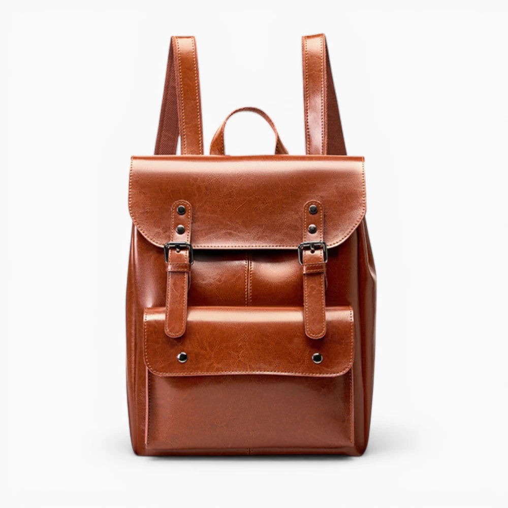 Sac à dos en cuir pour femme Élégance Cuir modèle La Conférence, vue de face  avec bretelle marron 