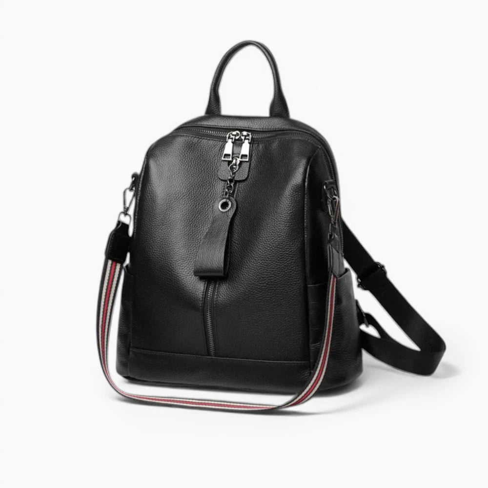 Sac à dos en cuir pour femme Élégance Cuir, modèle Sélène, avec double zip et fermeture verticale, noir vue de coté