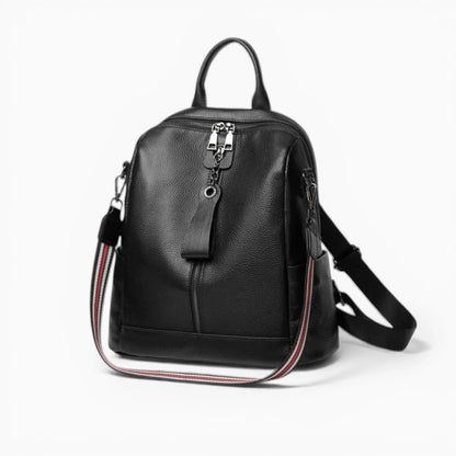 Sac à dos en cuir pour femme Élégance Cuir, modèle Sélène, avec double zip et fermeture verticale, noir vue de coté