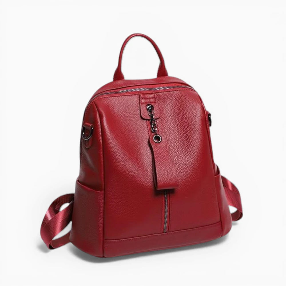 Sac à dos en cuir pour femme Élégance Cuir, modèle Sélène, avec double zip et fermeture verticale, rouge vue de coté