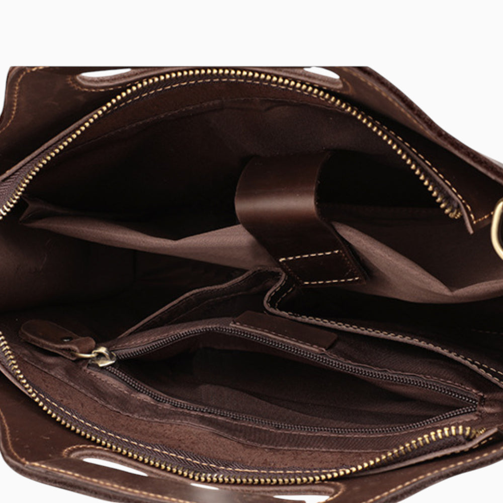 Sac en cuir marron foncé pour homme, modèle Président, avec poignée intégrée et bandoulière, vue intérieure