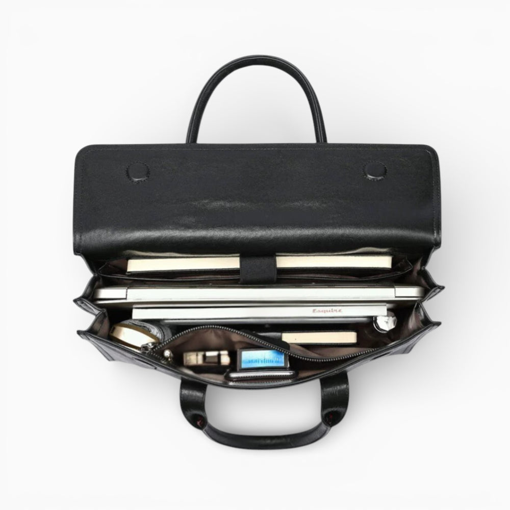 Sac en cuir noir pour homme avec rabat et double poignée, modèle Le Visionnaire de la marque Élégance Cuir, vue intérieure