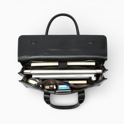 Sac en cuir noir pour homme avec rabat et double poignée, modèle Le Visionnaire de la marque Élégance Cuir, vue intérieure